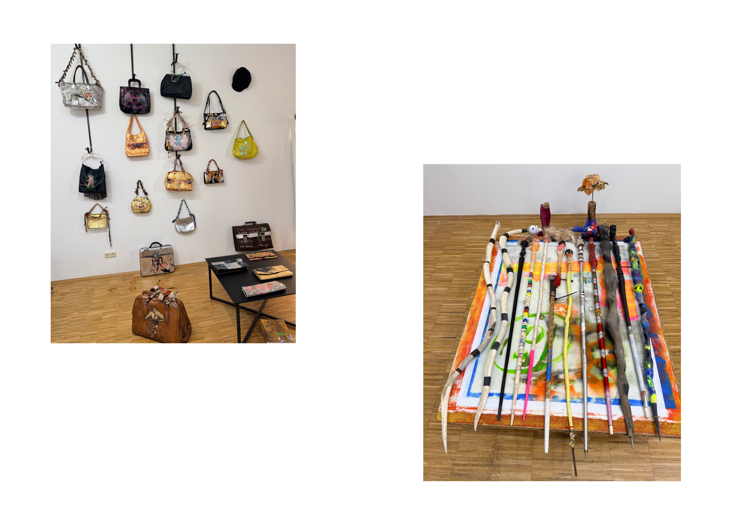 Intervenierte Taschen und Upcycling Art Stöcke von Bernhard Lehner