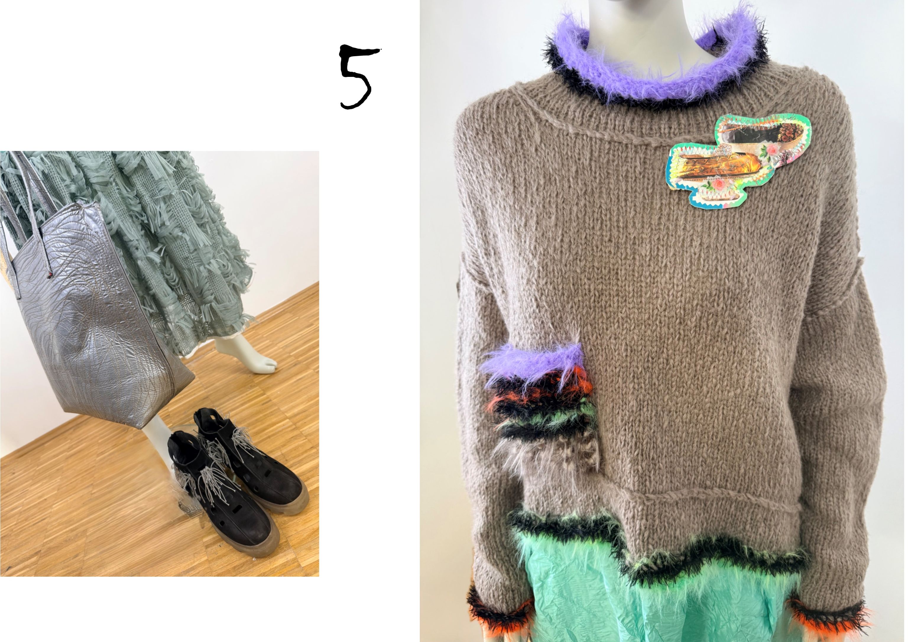 Zwischen den Welten handgestrickter Pullover und Upcycling Unikat mit aussergewöhlichen Accessoires zu einem uniquen Outfit kombiniert