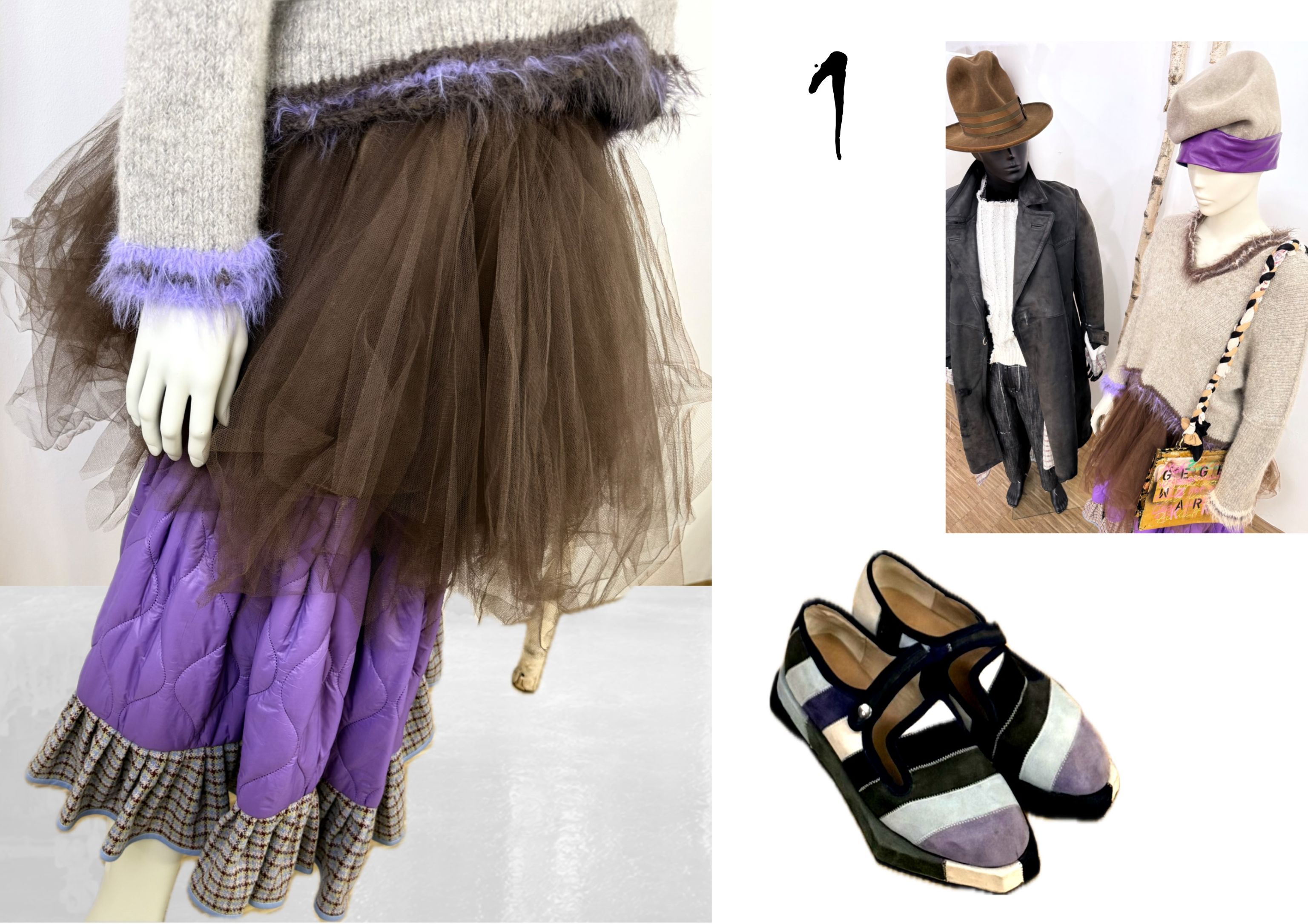 Avantgardistisches outfit rund um einen upcycling Rock komponiert