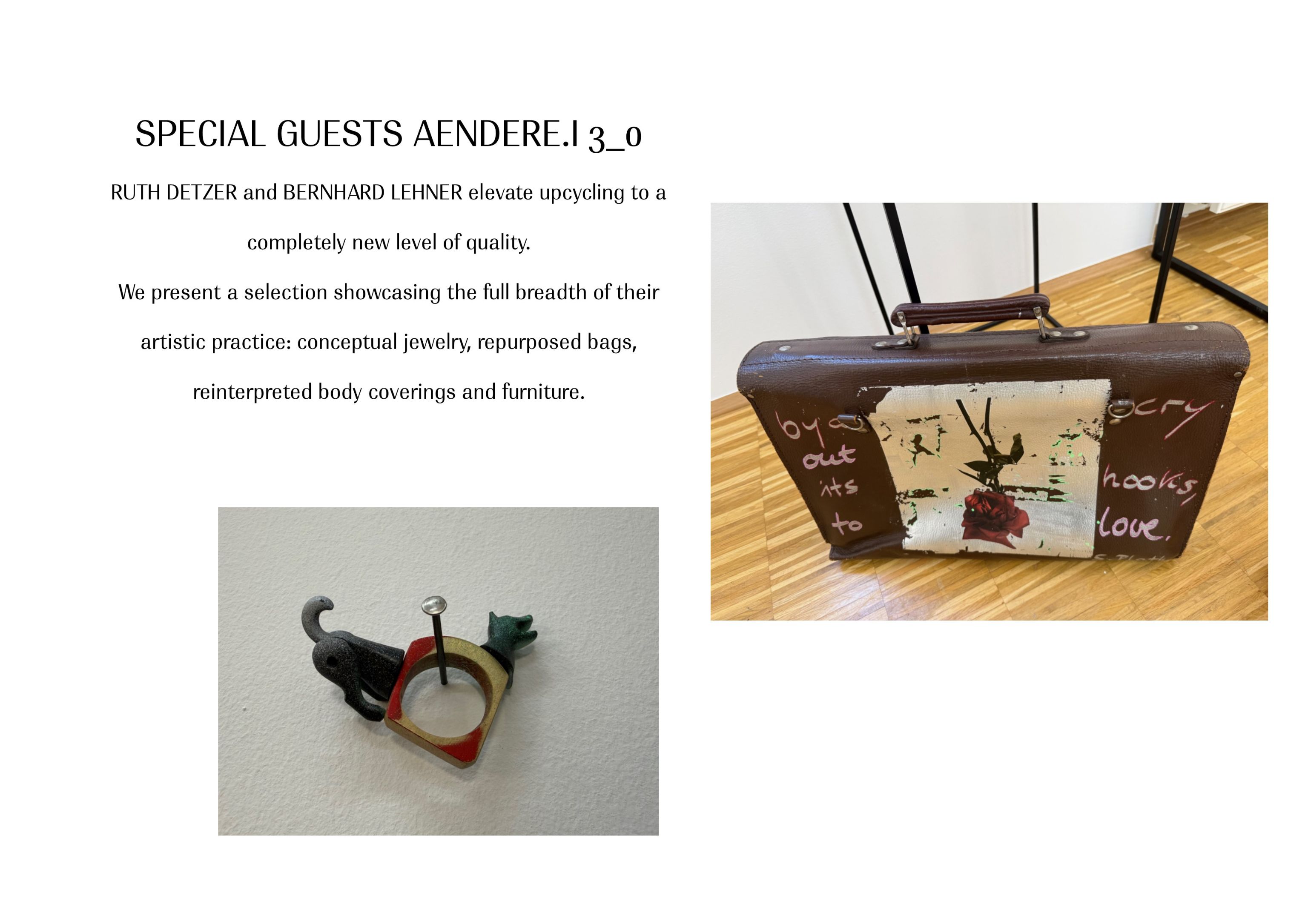 two wearable art objects made from upcycling materials