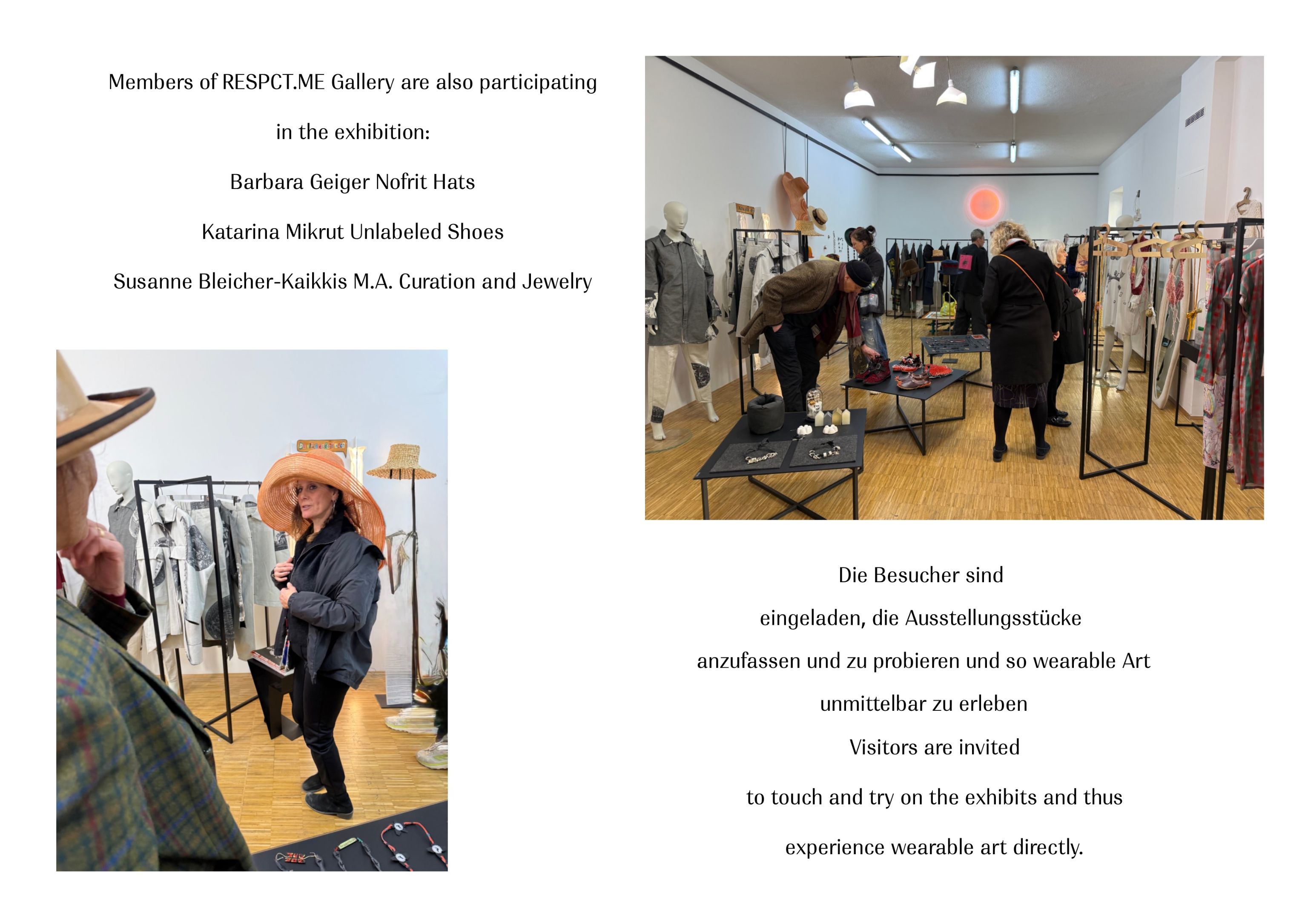 Visitors trying on art pieces during the exhibition